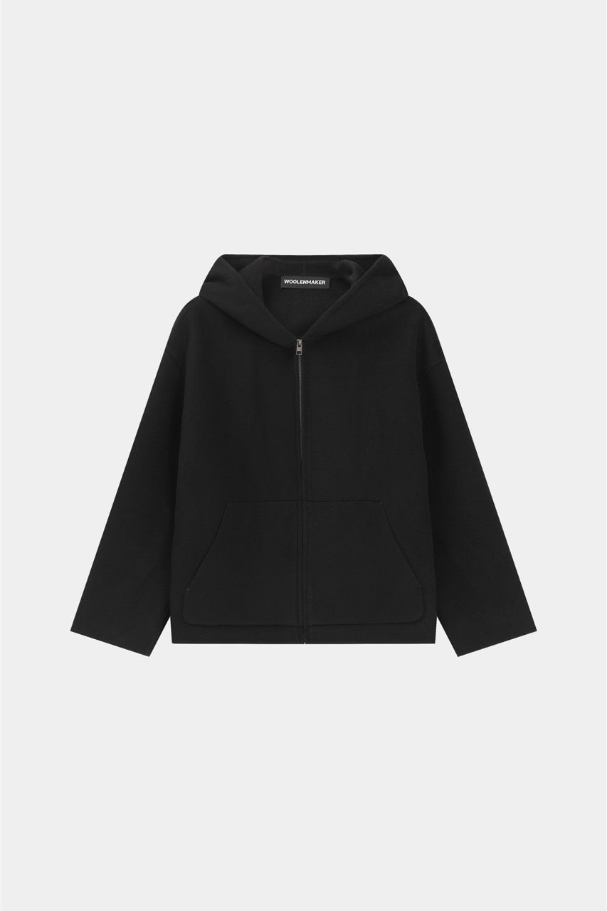 Men's black hooded jacket with full zip front and two patch pockets