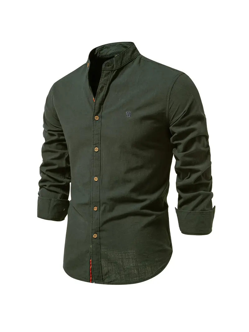 Men's long-sleeve mandarin collar button shirt with curved hem