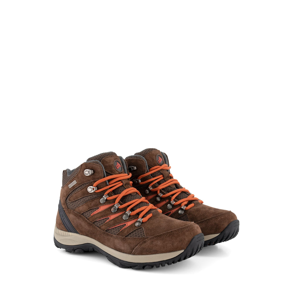 Brown lace-up hiking boots with orange laces and rugged black soles