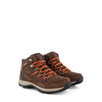 Brown lace-up hiking boots with orange laces and rugged black soles