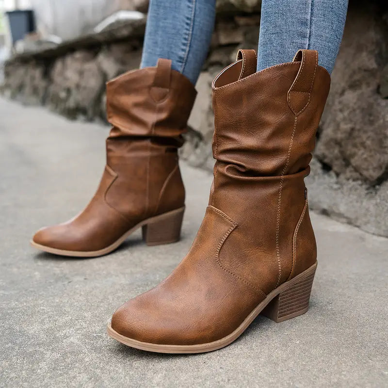 Women's western ankle boots with slouch shafts and block heels