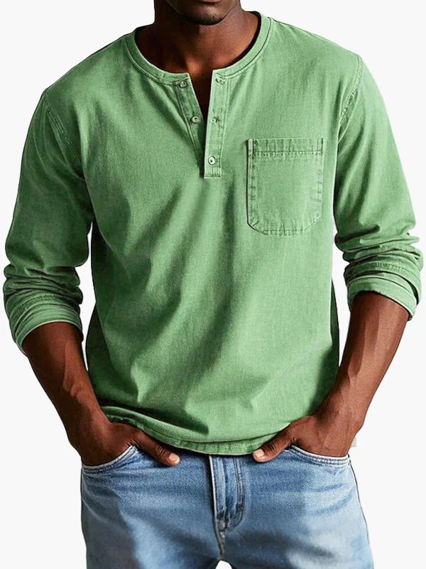 Men's long sleeve Henley shirt with round neck, button placket and chest pocket