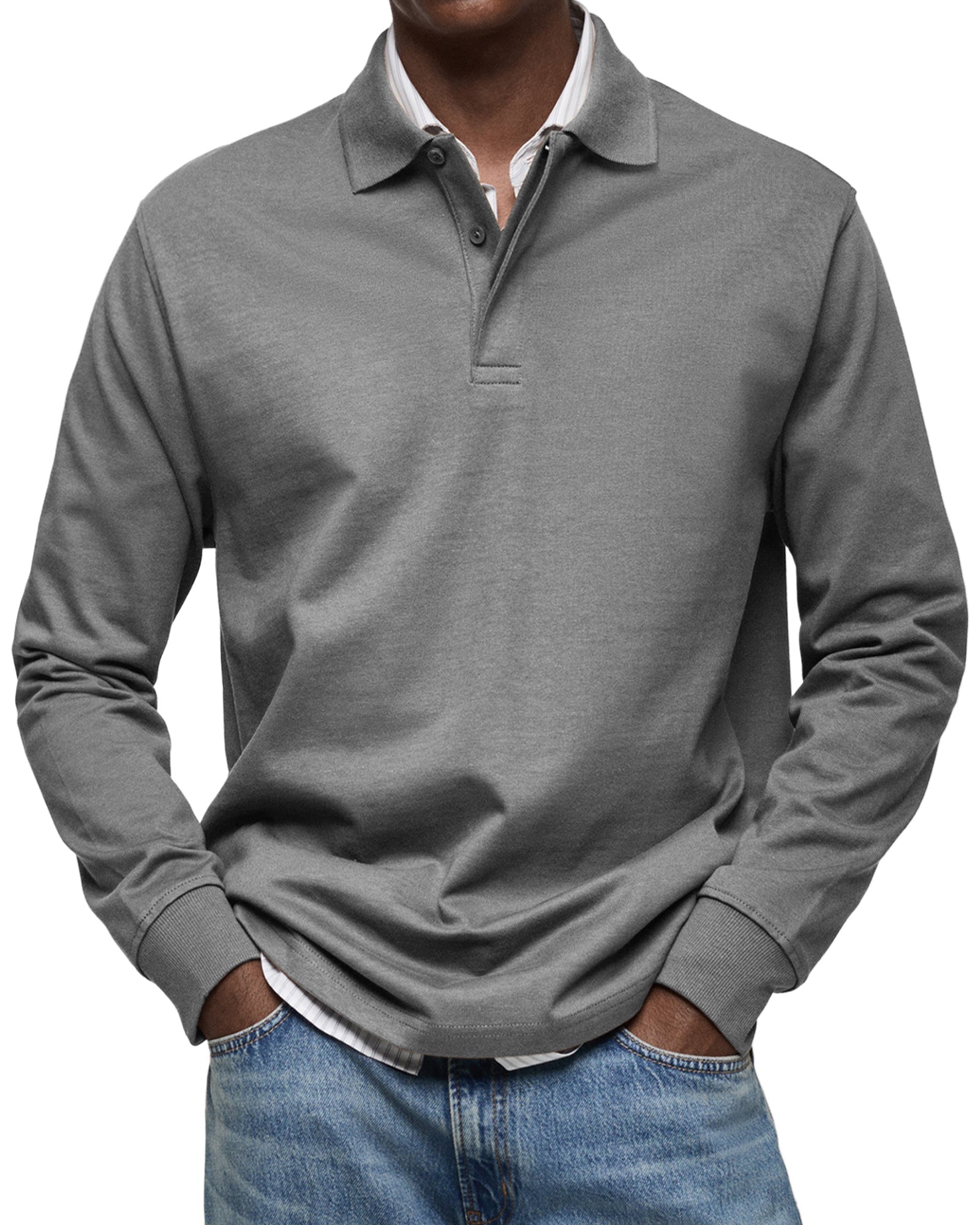 Men's long-sleeve polo jumper with collar, buttons and ribbed cuffs