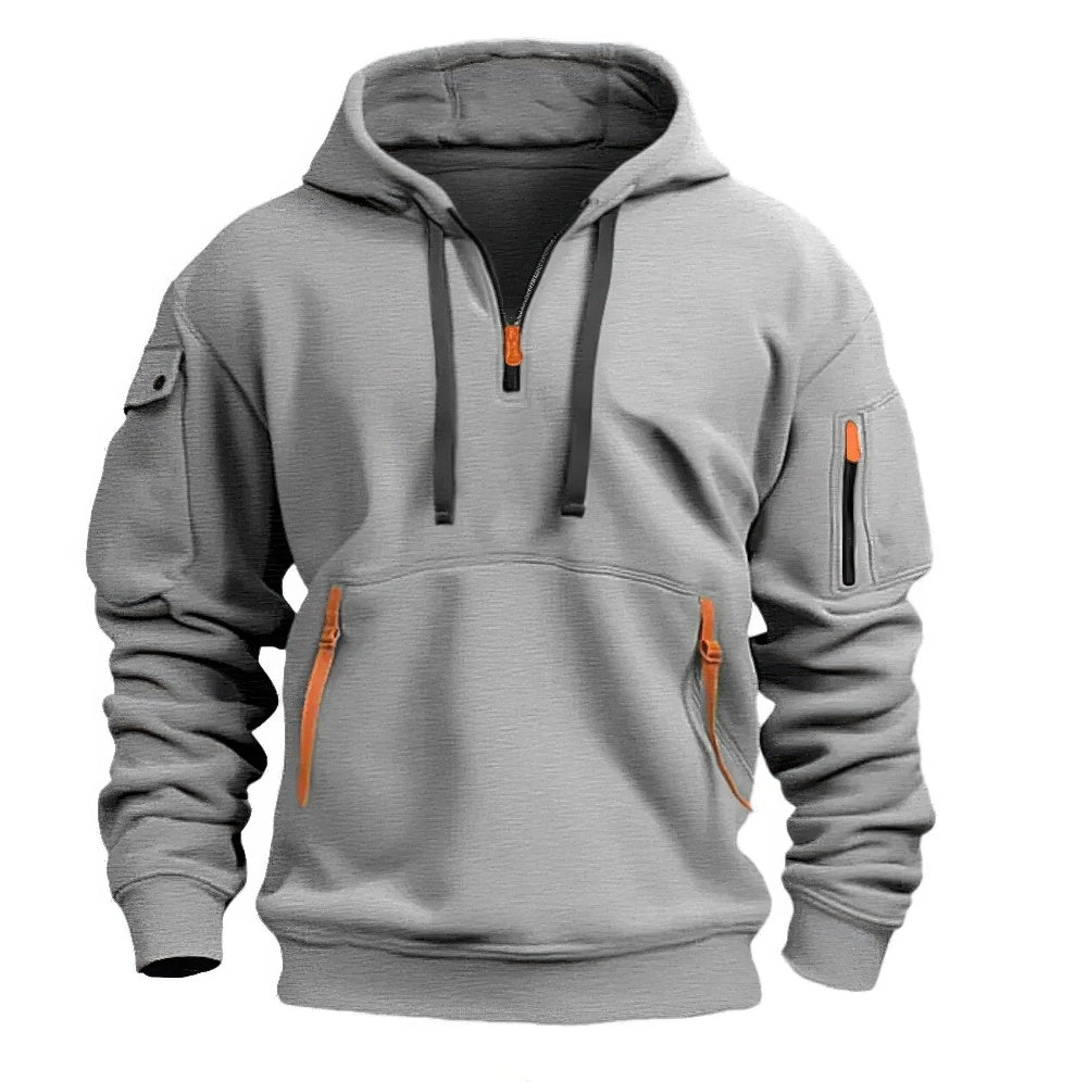 Men's hooded pullover hoodie with long sleeves, zip pockets and ribbed trims