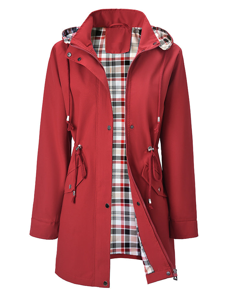 Women's long hooded trench coat with contrasting checked plaid lining