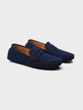 Suede boat loafers with moc toe stitching and slip-on strap detail