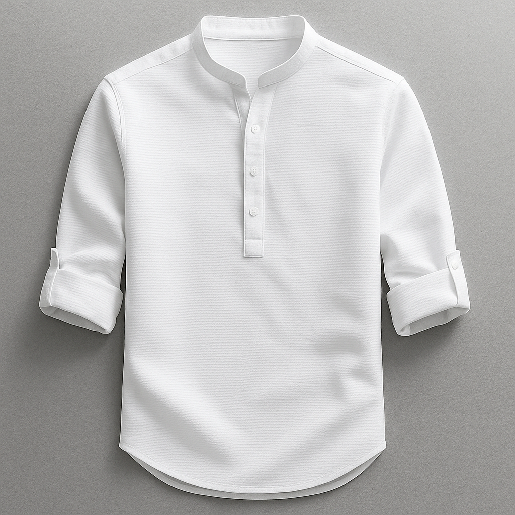 Men's textured Henley shirt with Mandarin collar, button placket and roll-tab sleeves
