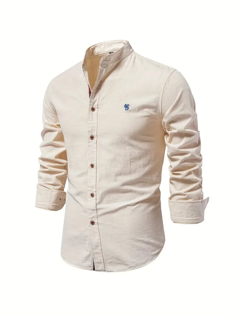 Men's long-sleeve mandarin collar button shirt with curved hem