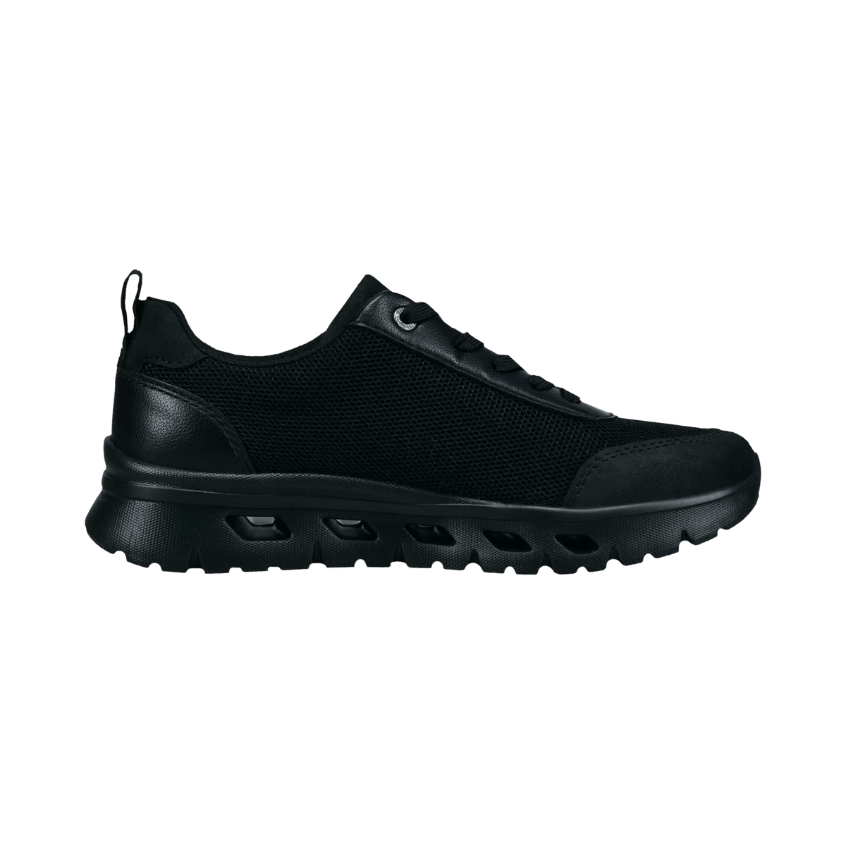 Black women's lace-up trainers with textured panels and chunky flat soles