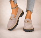Women's beige mesh loafers with gold-tone horsebit trim and chunky black soles