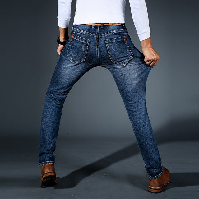 Men's slim fit jeans with five-pocket design and tapered legs