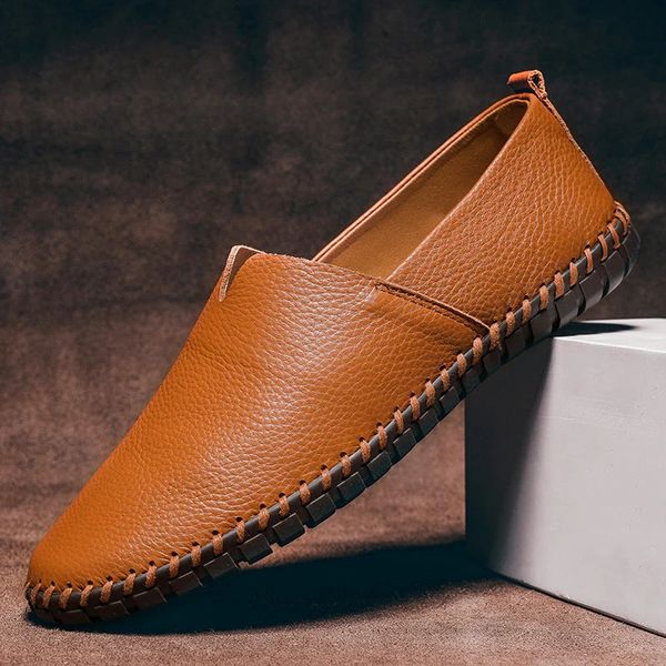 Men's slip-on loafers with textured uppers, stitched trim and flat ridged soles