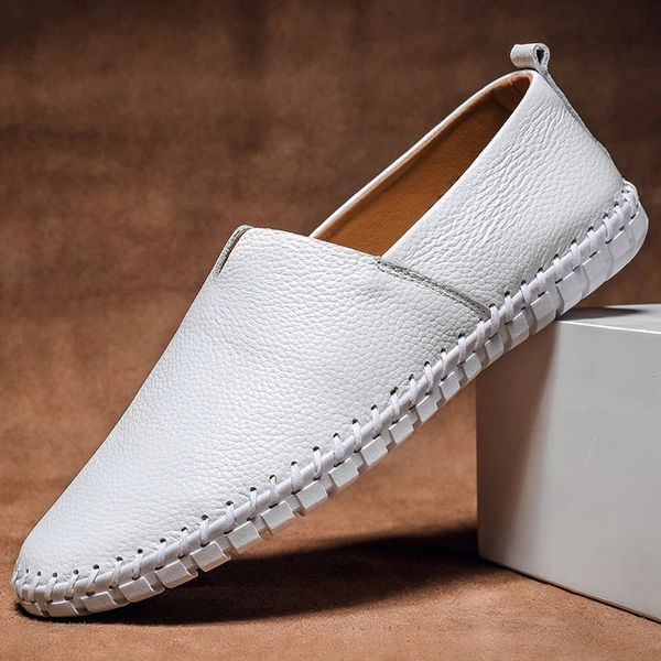 Men's slip-on loafers with textured uppers, stitched trim and flat ridged soles