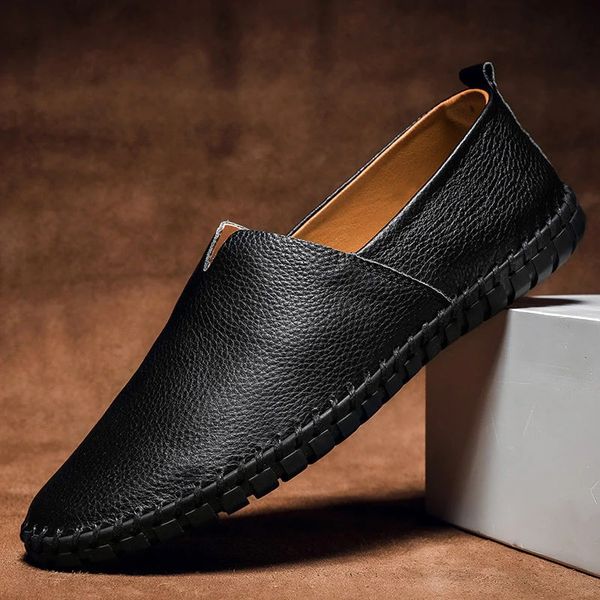 Men's slip-on loafers with textured uppers, stitched trim and flat ridged soles