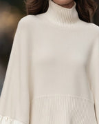 Women's beige roll neck jumper with long sleeves and layered ruffle cuffs