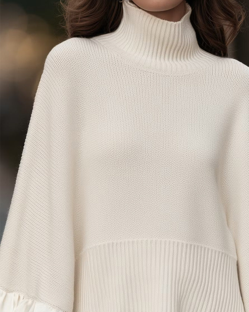 Women's beige roll neck jumper with long sleeves and layered ruffle cuffs