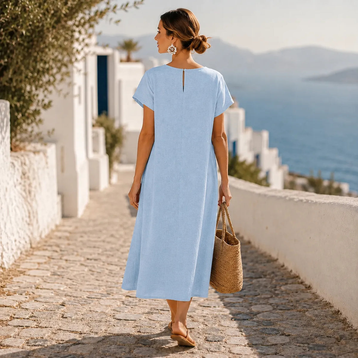 Women's asymmetric button midi dress with short sleeves and side pockets