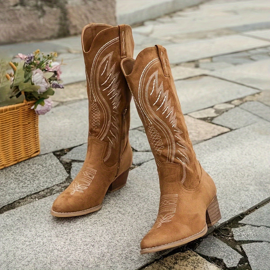 Women's knee-high western boots with embroidered detailing, pointed toes and block heels