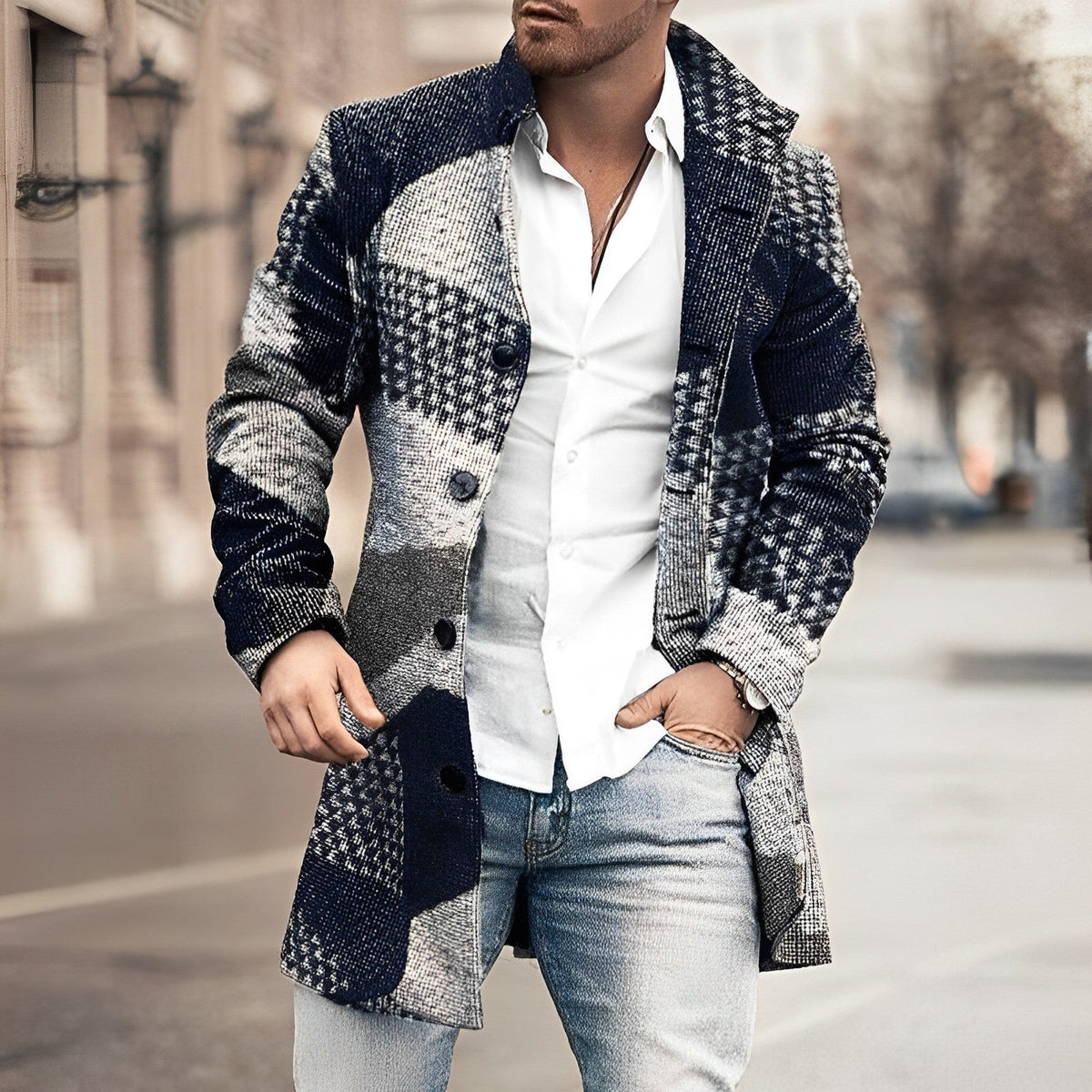 Men's long textured button-front coat with stand collar and flap pockets