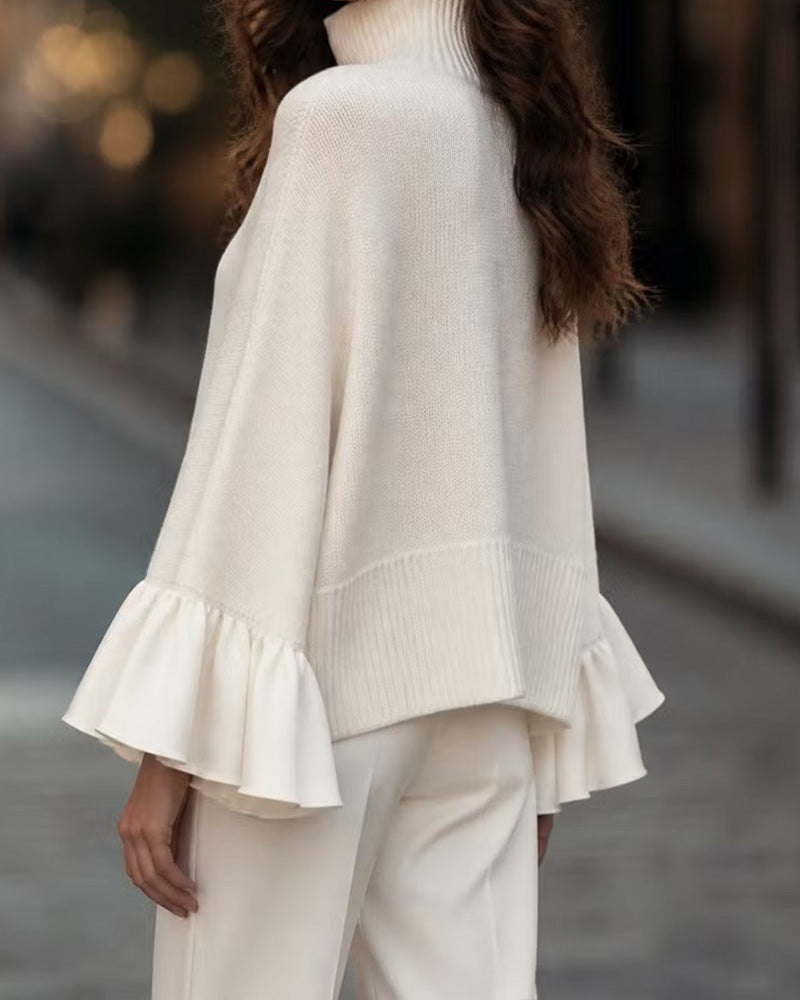 Women's beige roll neck jumper with long sleeves and layered ruffle cuffs