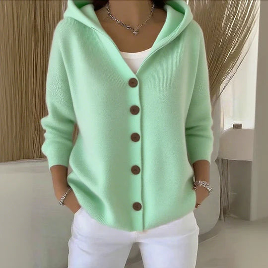 Women's hooded button-front cardigan with long sleeves