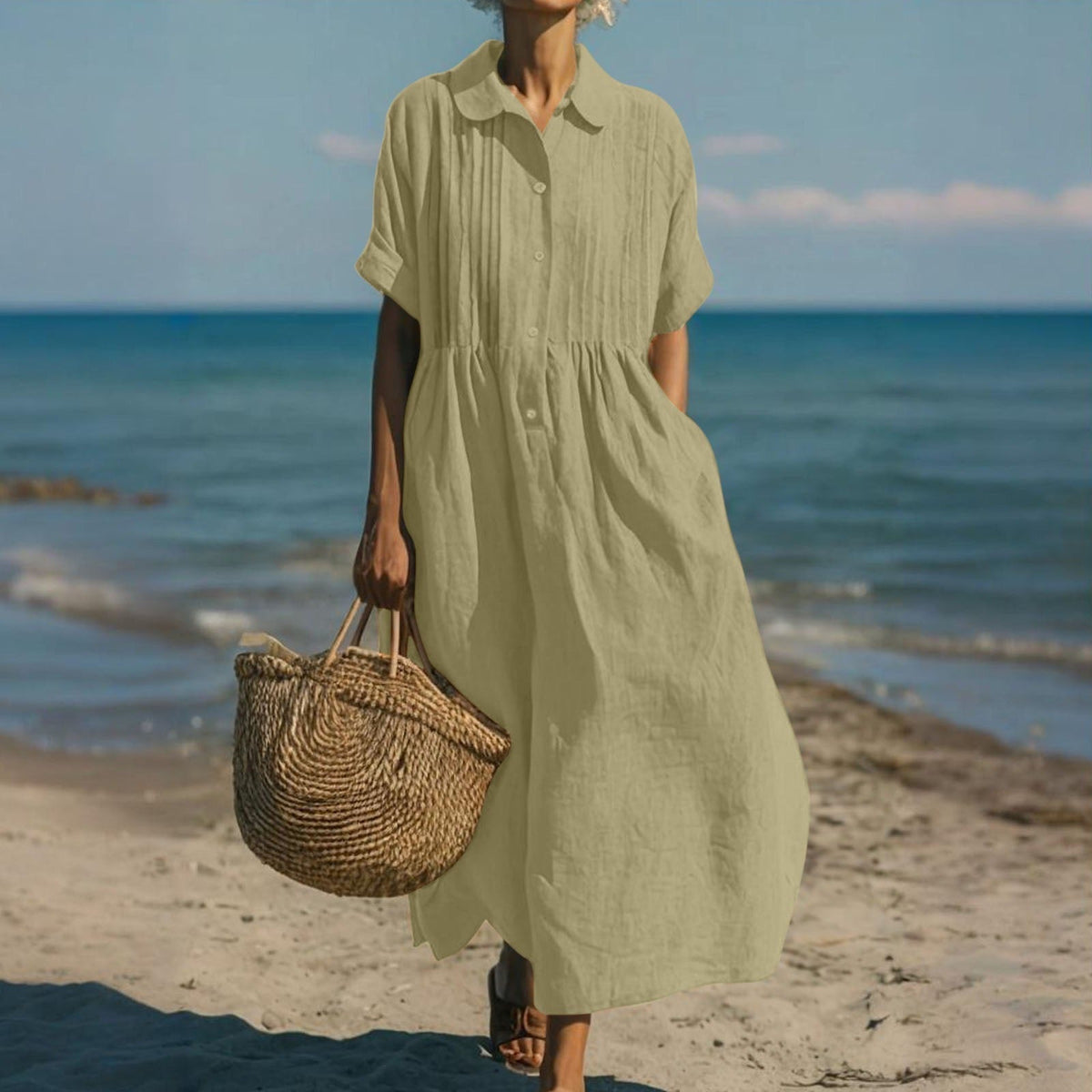 Women's collared button maxi dress with short sleeves and gathered waist