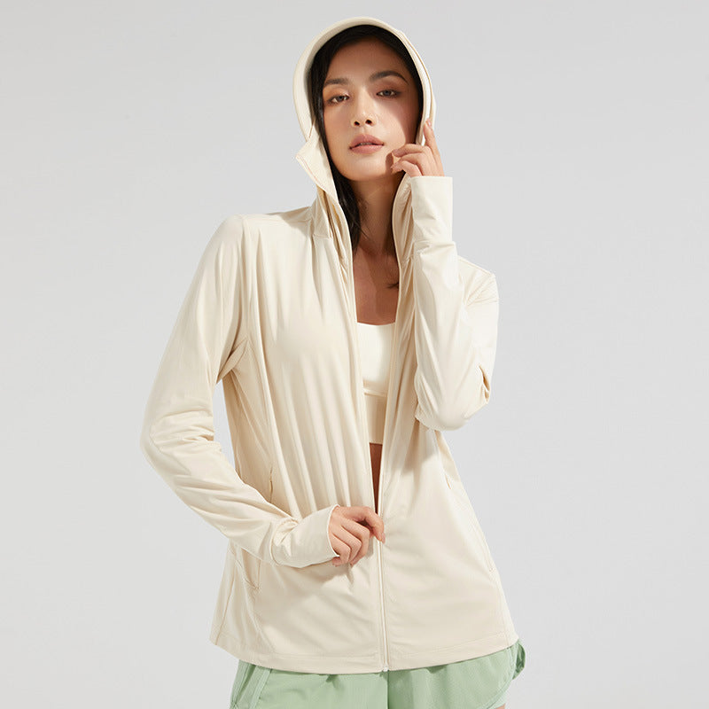 Women's hooded zip jacket with detachable face cover and long sleeves