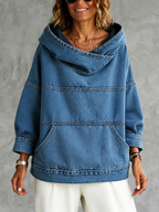 Women's blue hooded sweatshirt with long sleeves, contrast seams and front pouch pocket