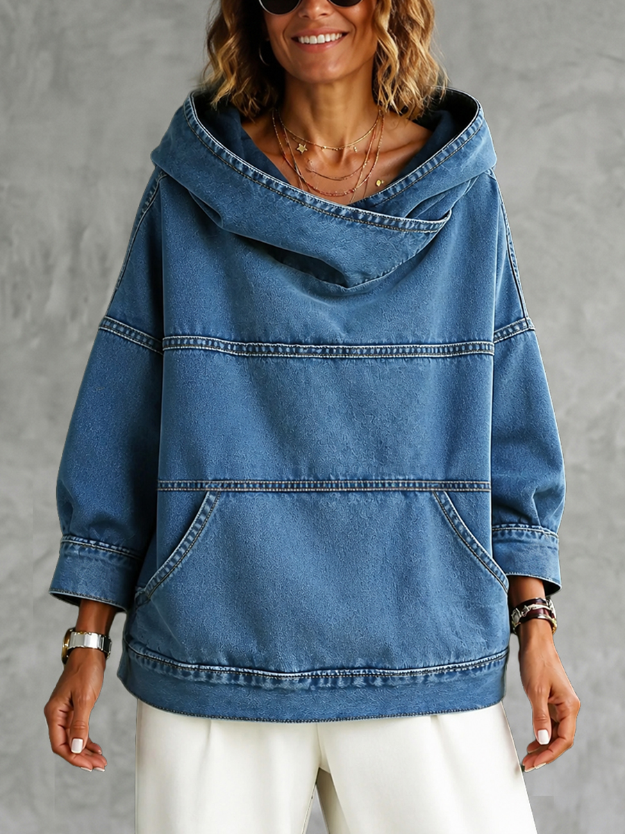 Women's blue hooded sweatshirt with long sleeves, contrast seams and front pouch pocket