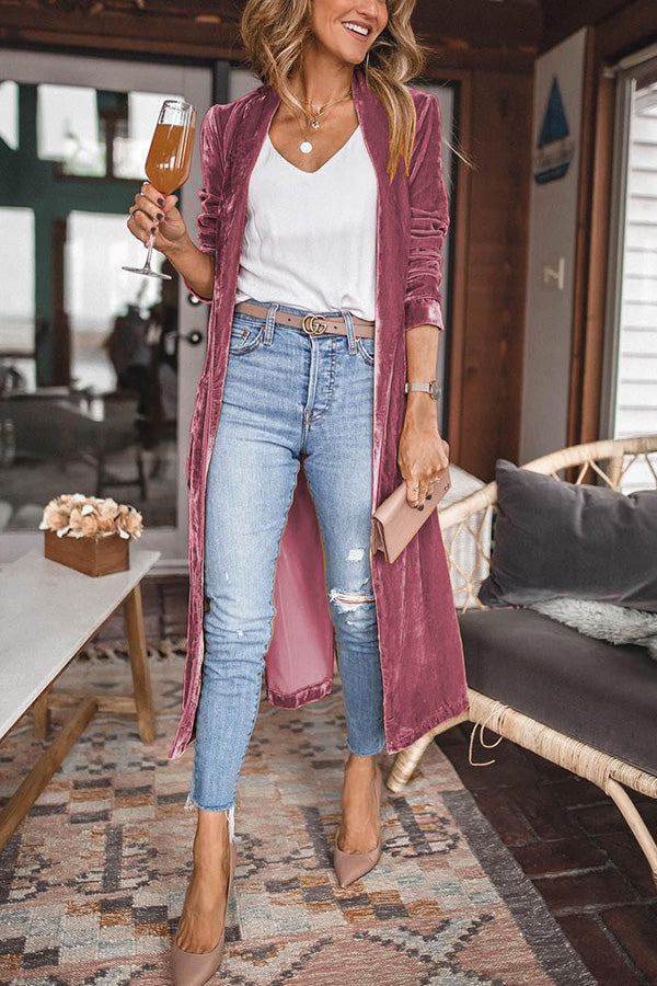 Women's longline velvet kimono coat with open front and long sleeves