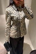 Women's beige leopard print jacket with lapel collar and long sleeves