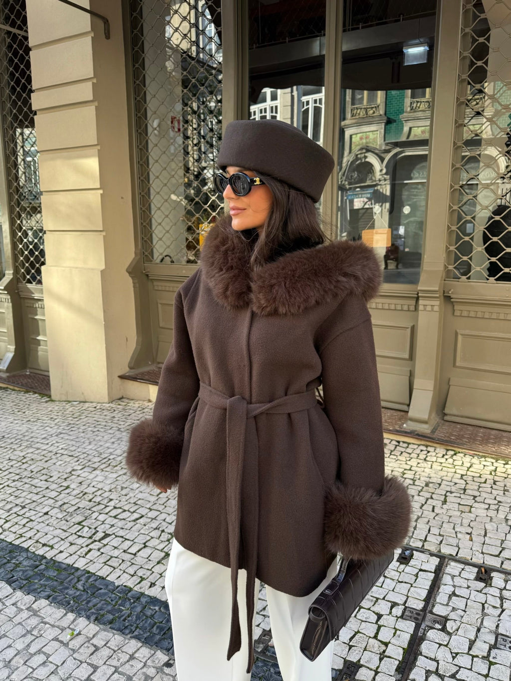 Women's brown wrap coat with wide textured collar and cuff trim