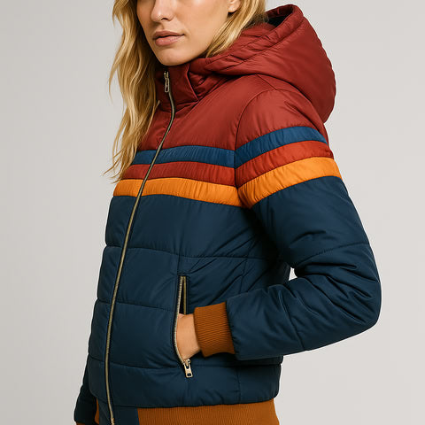 Women's hooded puffer jacket with multicoloured striped panels and zipped pockets