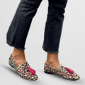 Women's animal print loafers with pink fringe tassel details