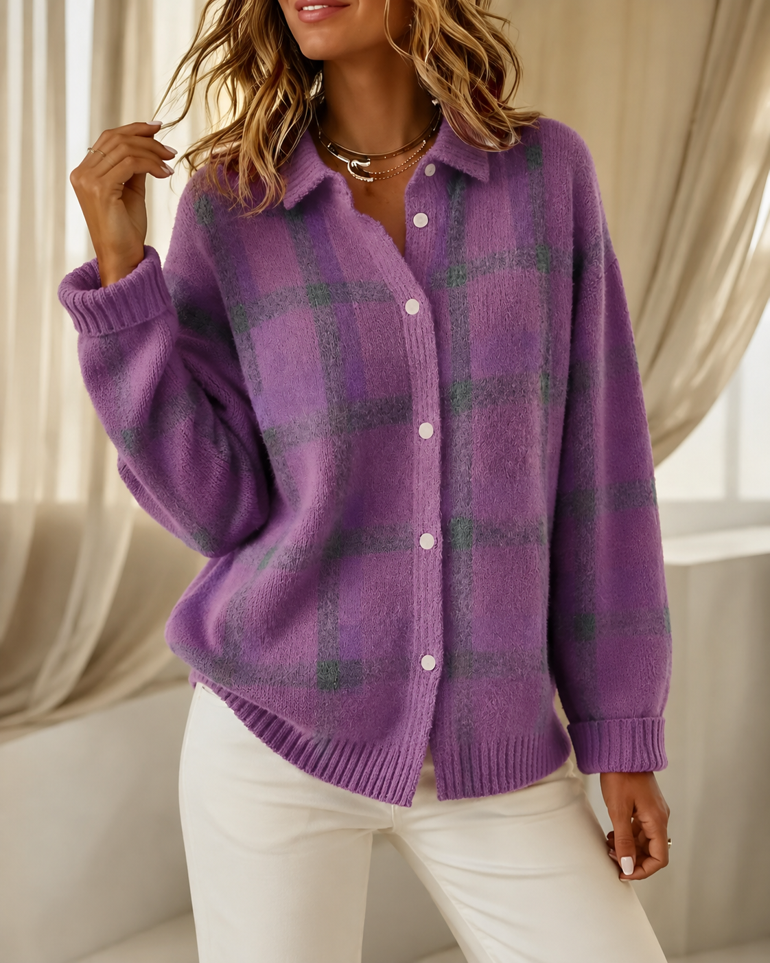 Women's checked knitted cardigan with collared neckline, long sleeves and button fastening