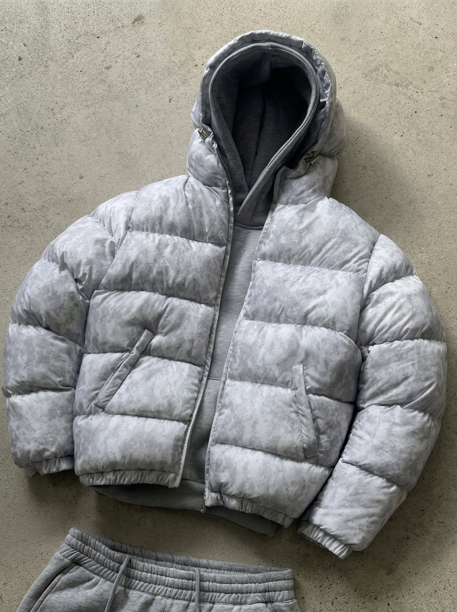 Men's hooded quilted puffer jacket shown in grey and black