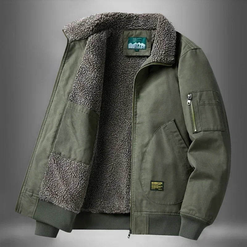 Men's sherpa-lined bomber jacket with zip front, ribbed trims and sleeve pocket