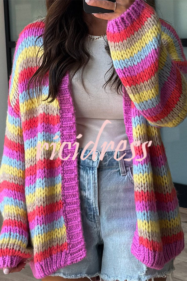 Women's chunky striped cardigan with open front and balloon sleeves