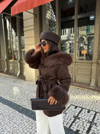 Women's brown wrap coat with wide textured collar and cuff trim