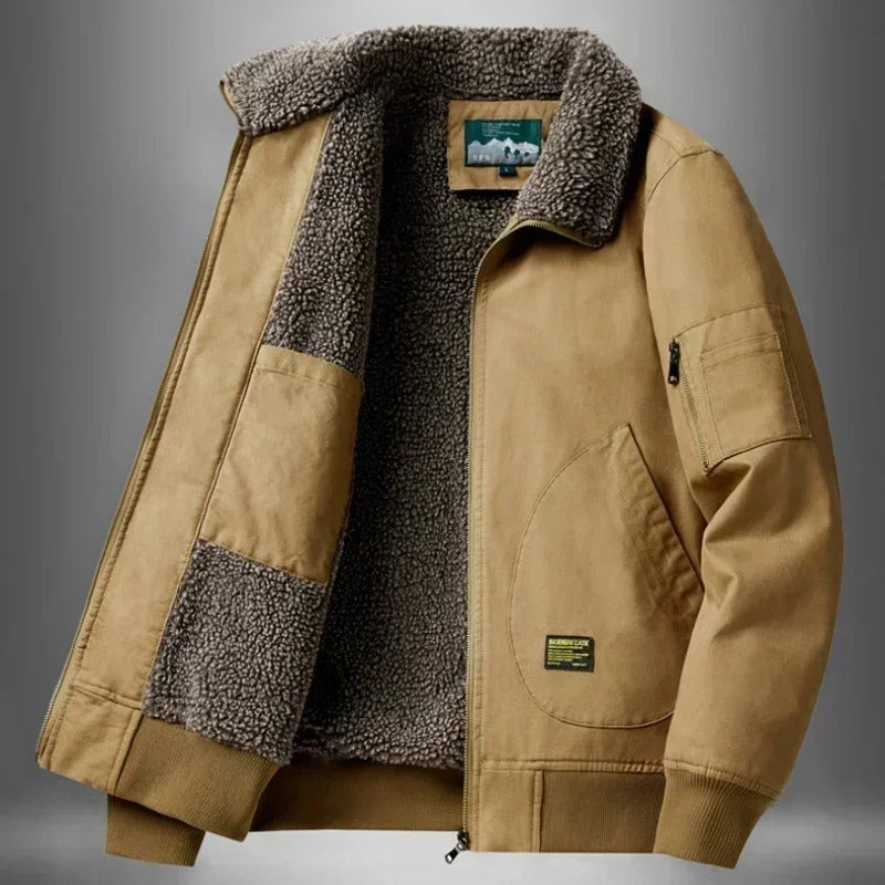 Men's sherpa-lined bomber jacket with zip front, ribbed trims and sleeve pocket