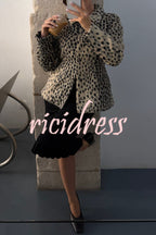 Women's beige leopard print jacket with lapel collar and long sleeves