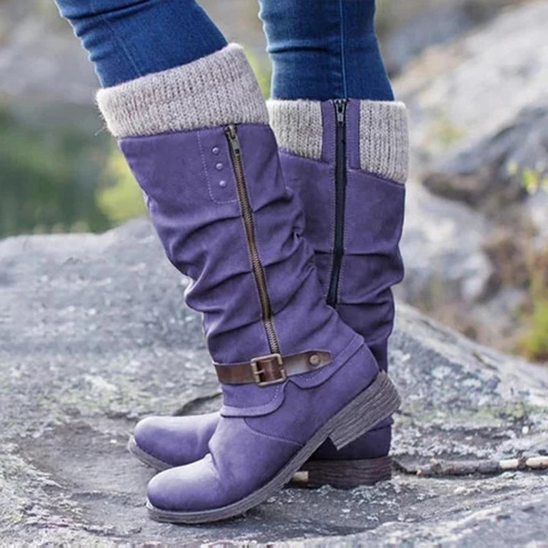 Women's mid-calf boots with side zips, buckle straps and ribbed cuffs