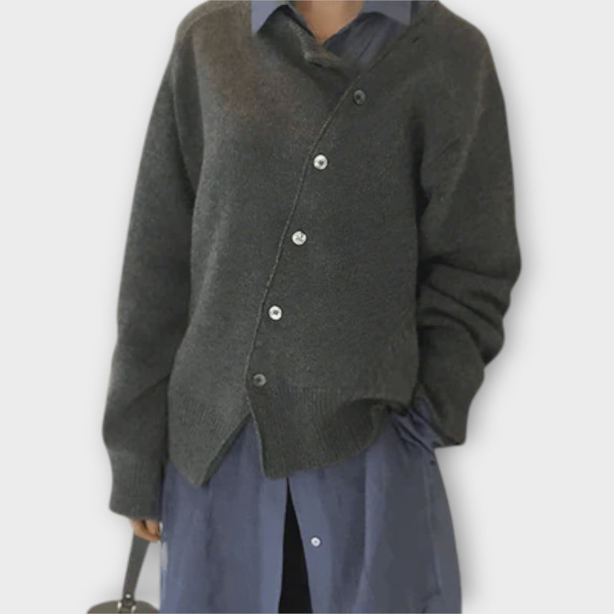 Women's asymmetric button cardigan with long sleeves and ribbed trims