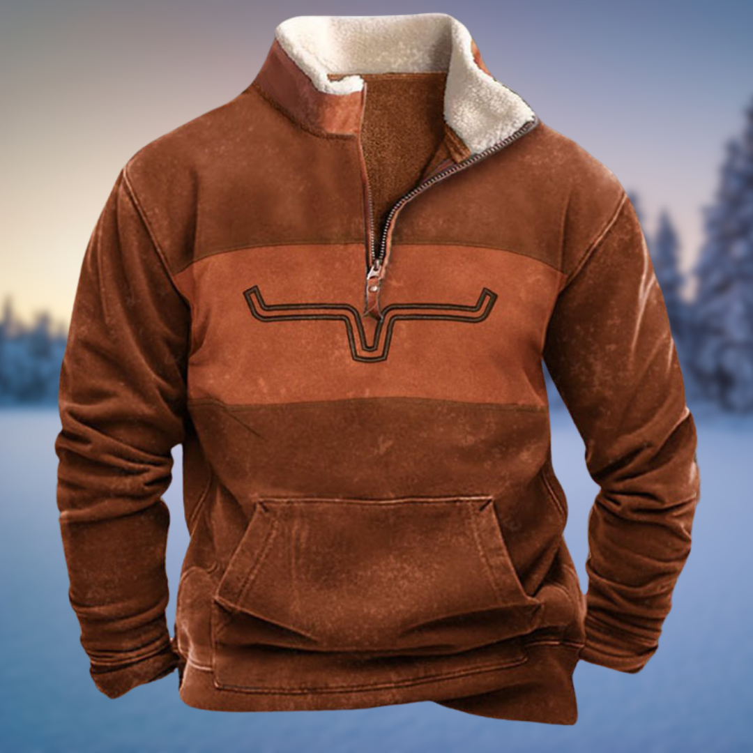 Men's half-zip pullover jumper with geometric patterned sleeves and front pouch pocket