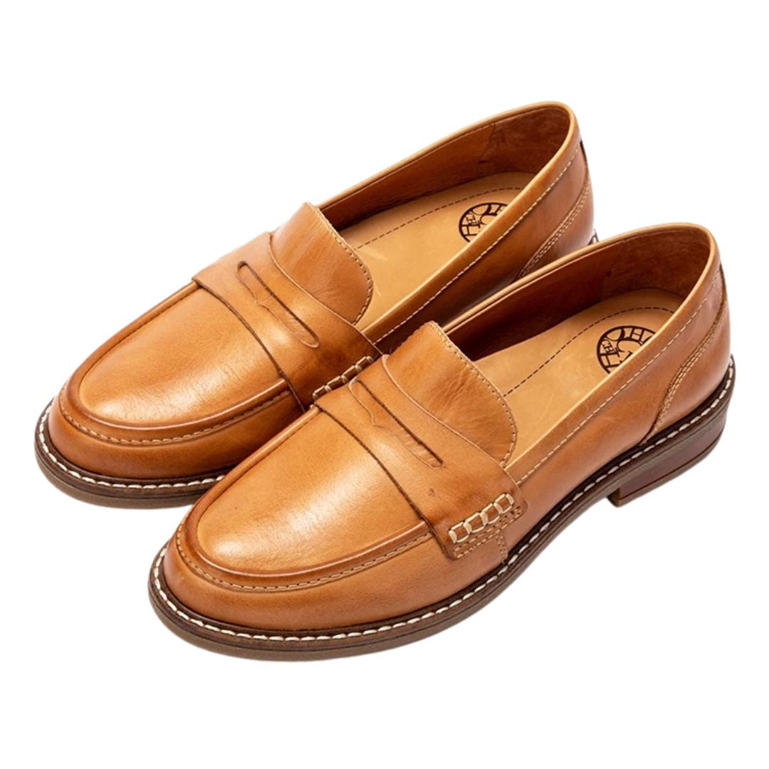 Men's slip-on penny loafers with rounded toes, stitched soles and low flat heels