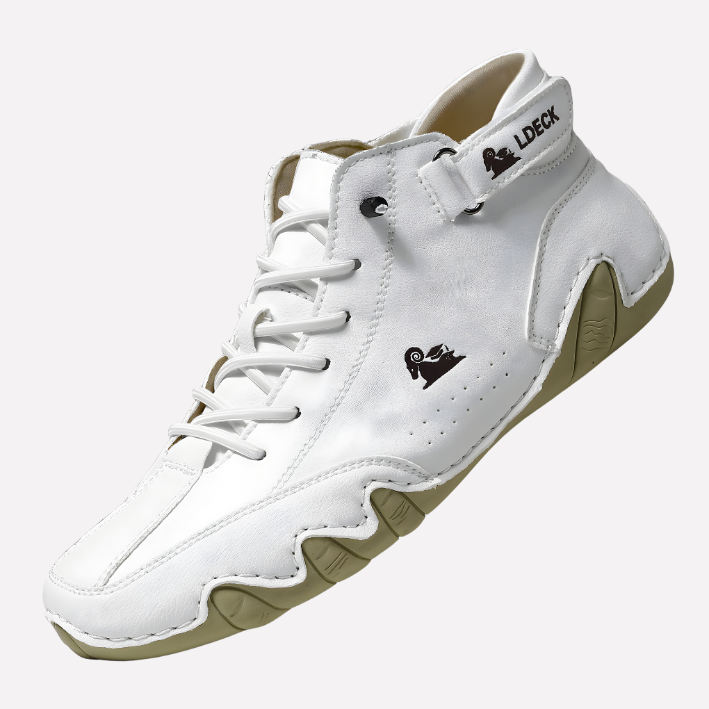 Men's high-top barefoot trainers with lace-up fastening, ankle strap and segmented flat sole