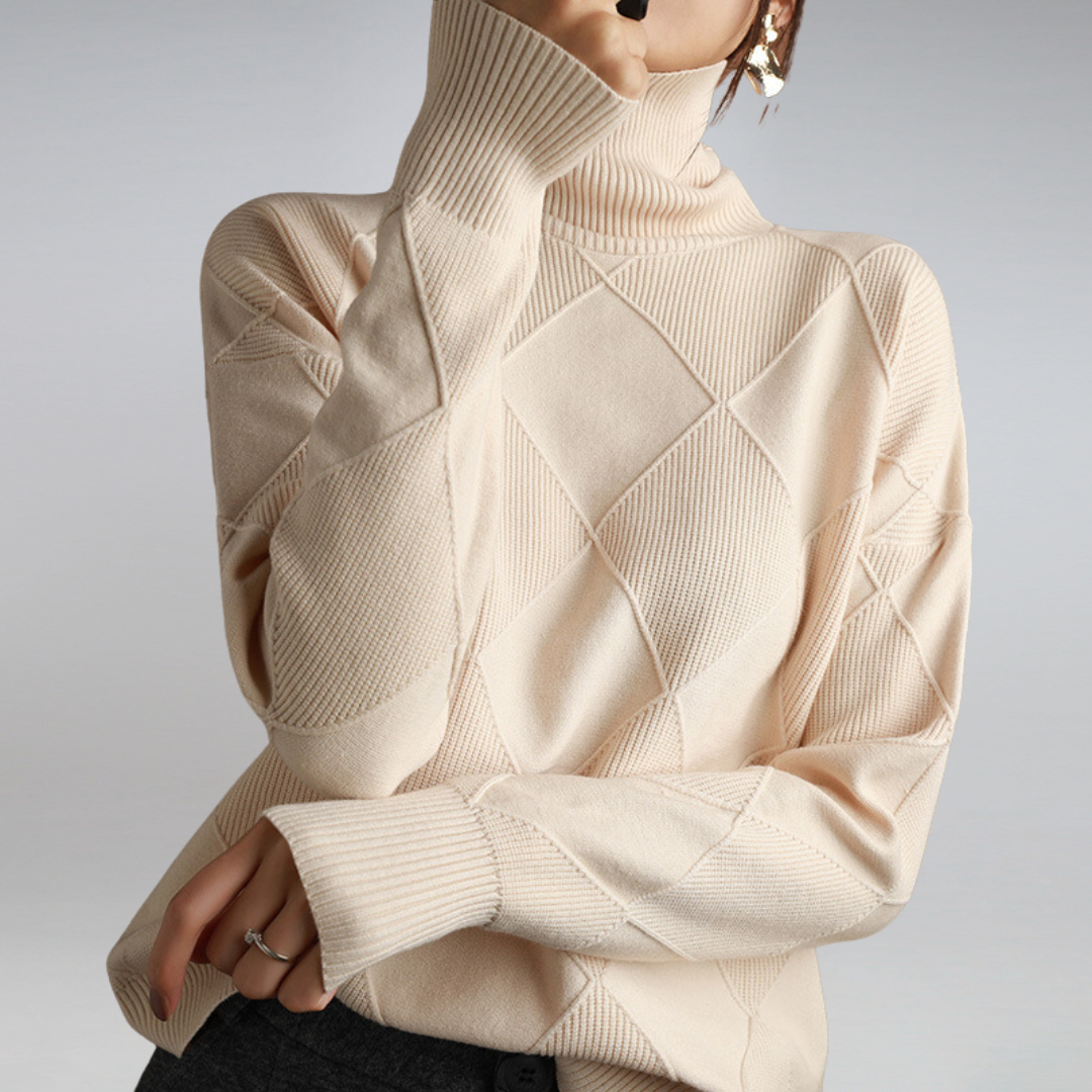 Women's geometric turtleneck jumper with long sleeves and diamond panel detailing