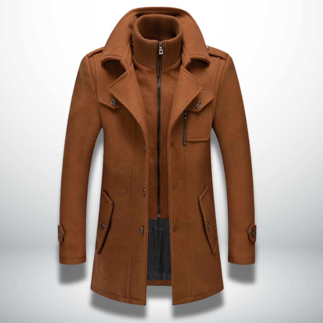 Men's long smart casual coat with high collar, lapels, buttons, zip fastening and multiple pockets