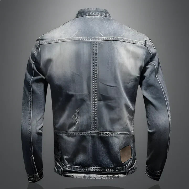 Men's blue denim jacket with mandarin collar, long sleeves and multiple zipped pockets