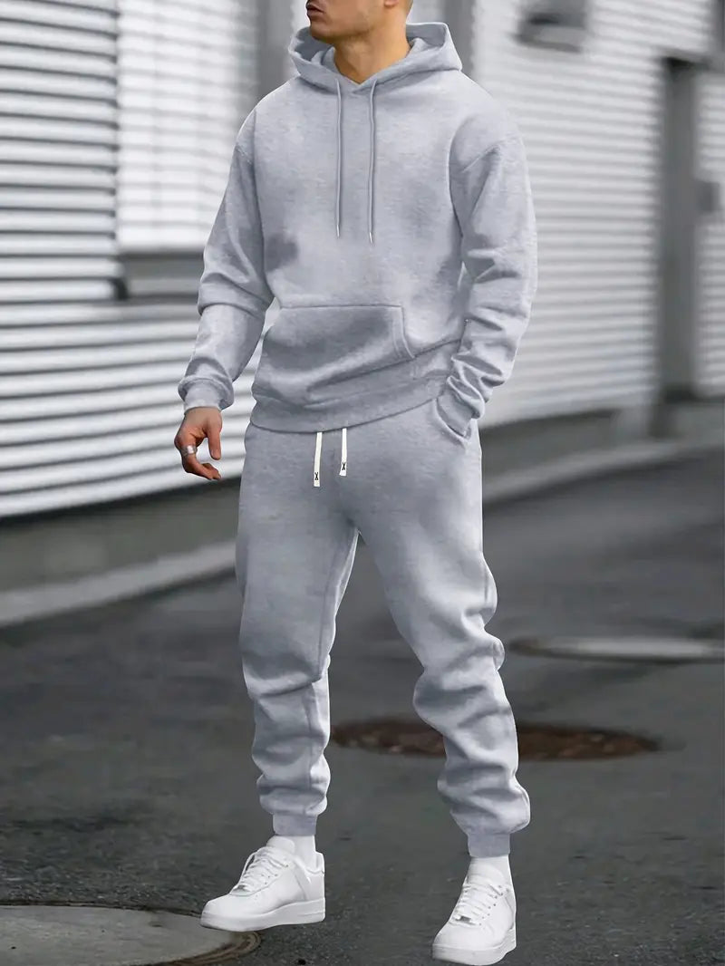 Men's hooded sweatshirt and jogger set with drawstring details and kangaroo pocket
